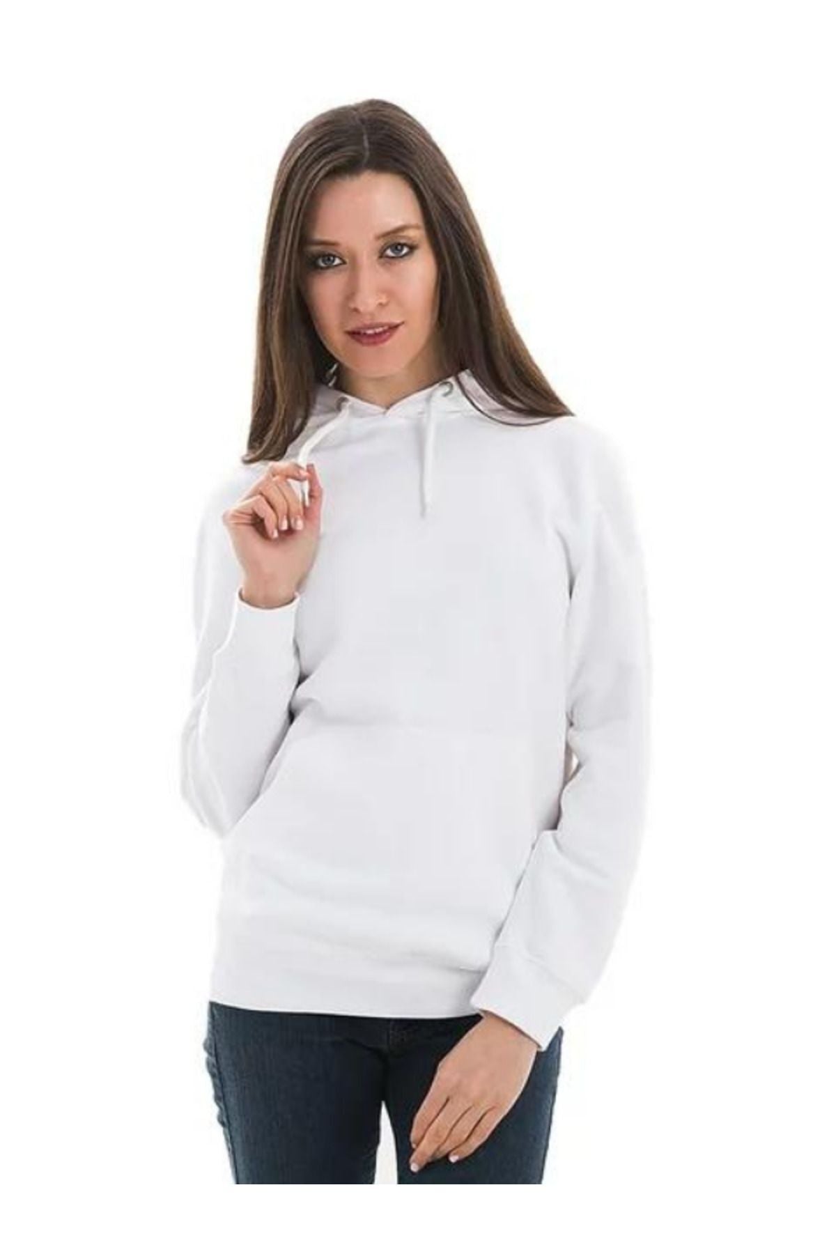 Unisex Beyaz Baskısız Kanguru Cepli Kapüşonlu 3 İ̇plik Şardonlu Sweatshirt Oversize Hoodie - Beyaz - 1