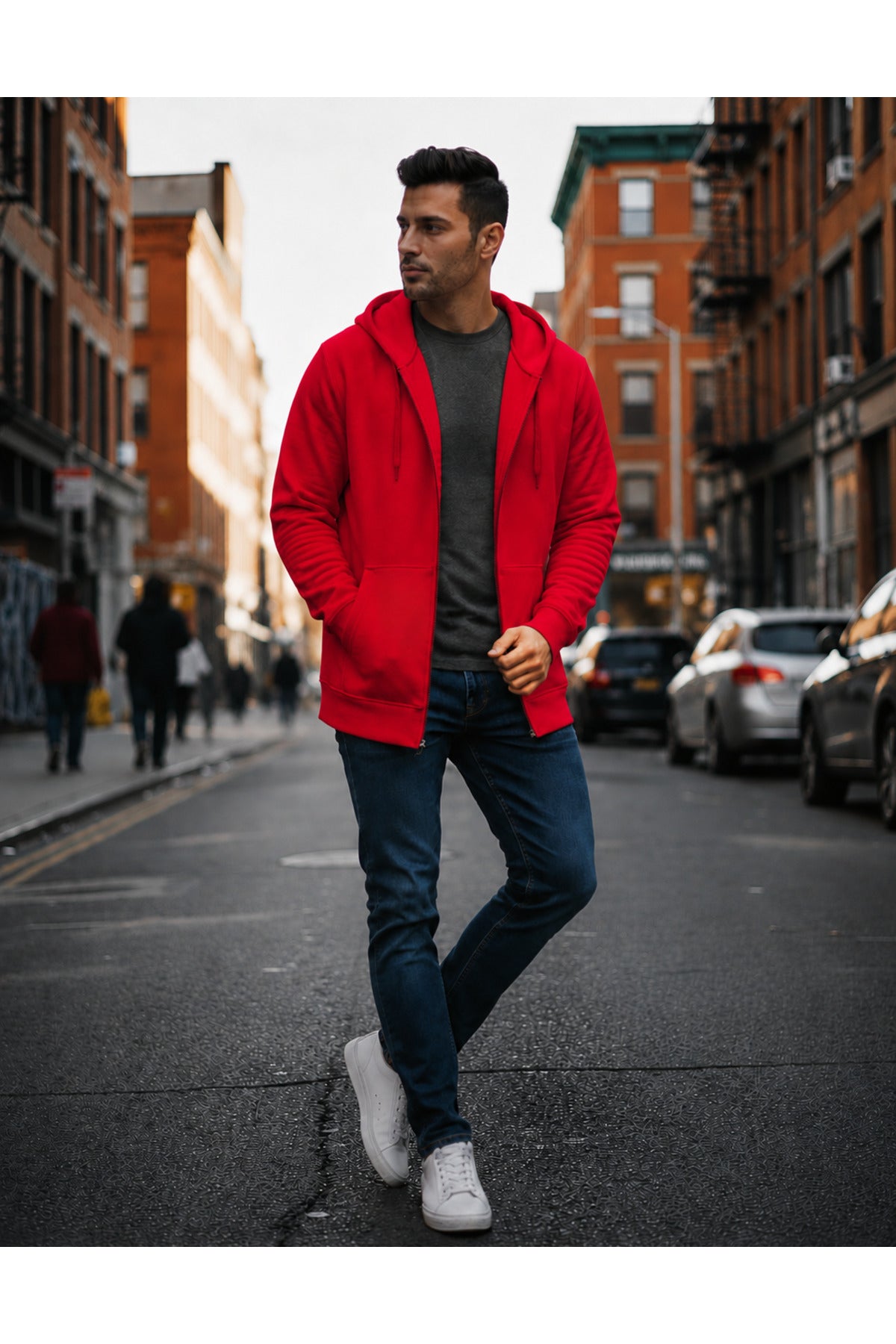 Erkek 3 İ̇pli̇k Şardonlu Oversi̇ze Fermuarli Sweatshirt Hirka - Kırmızı - 4