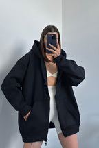 Kadın Lacivert Fermuarlı Oversize Kanguru Cep Hırka - Lacivert - 3