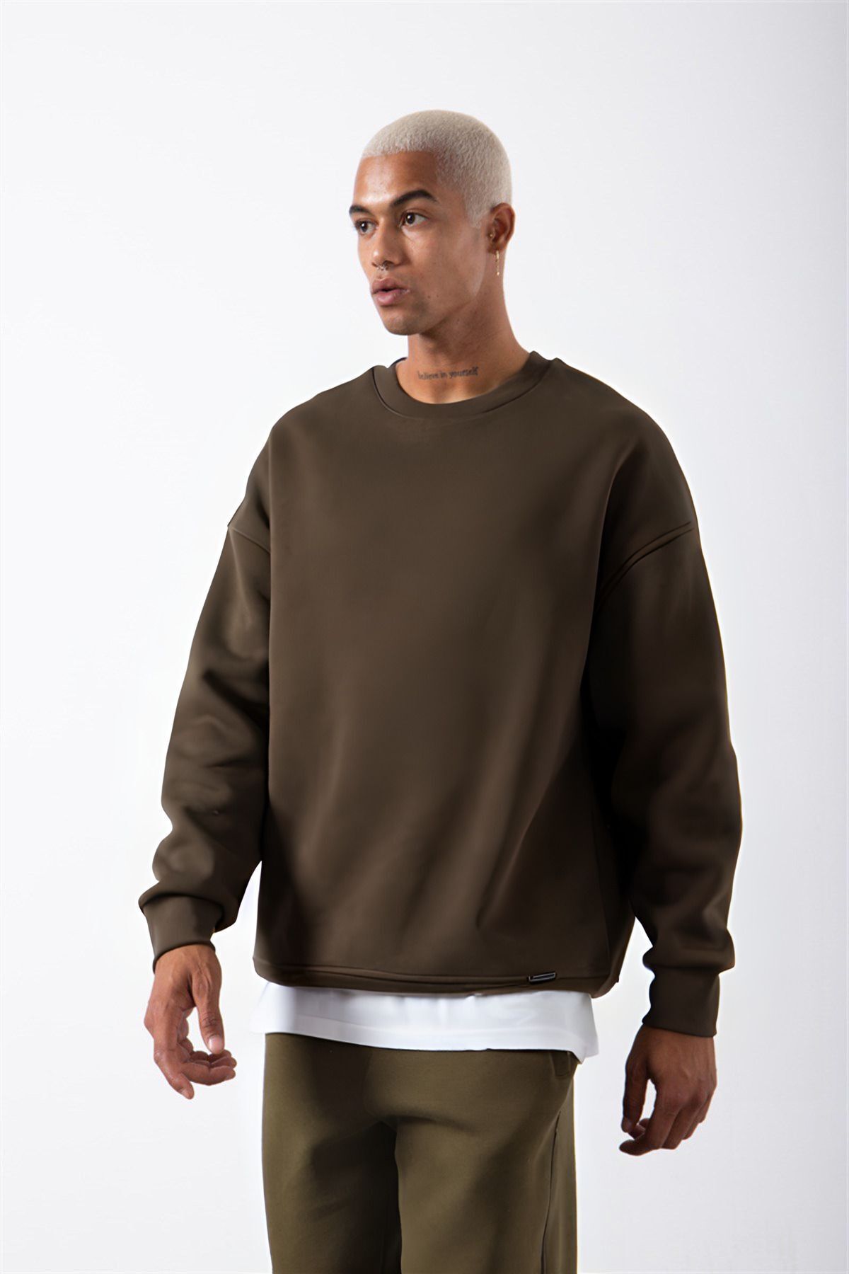 Erkek Bisiklet Yaka Oversize Sweatshirt - Haki - 1