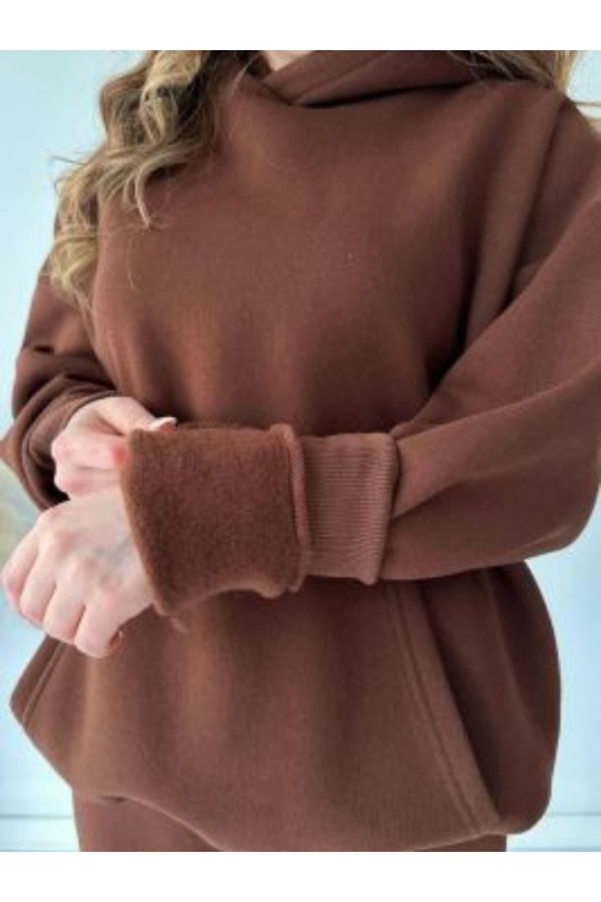 Kadın Unisex Kapüşonlu 3 İplik Oversize Eşofman Takımı - Vizon - 3