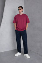 Erkek Siyah Basic Oversize Tişört Rahat Kalıp Düz Minimal Pamuklu Günlük T-shirt - Kırmızı - 1