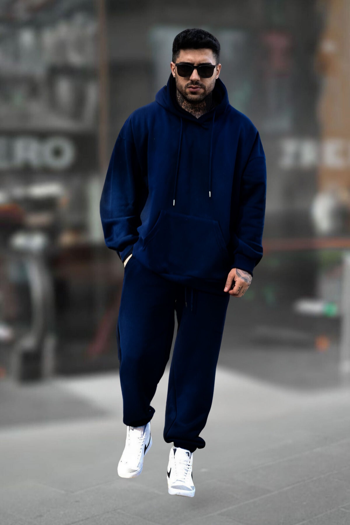Erkek Rahat Kalıp Unisex Kalın Pamuklu Eşofman Takımı - Lacivert - 3