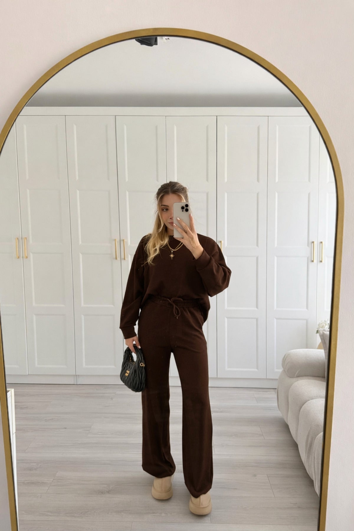 Kadin Home Wear Uzun Kollu Geni̇ş Paça Pi̇jama Takimi - Kahverengi - 1
