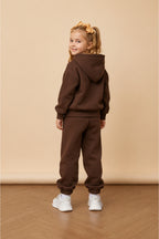 Çocuk Unisex Oversize Modern Kesi̇m Kapüşonlu Kanguru Cepli̇ Süper Yüksek Bel Günlük Eşofman Takimi - Kahverengi - 5