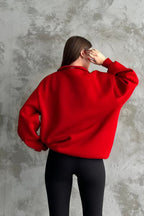 Unisex 3 İ̇plik Oversize Şardonlu Yarım Fermuarlı Swetshirt - Kırmızı - 3