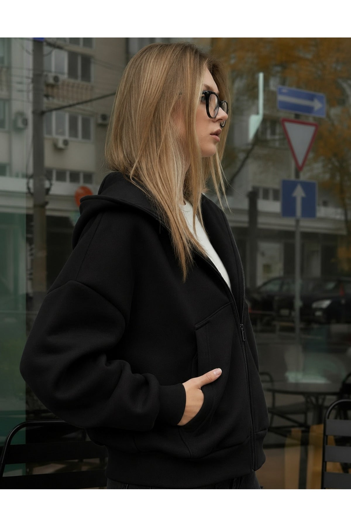 Kadin Oversi̇ze Kapüşonlu Fermuarli Hirka Sweatshirt - Siyah - 2