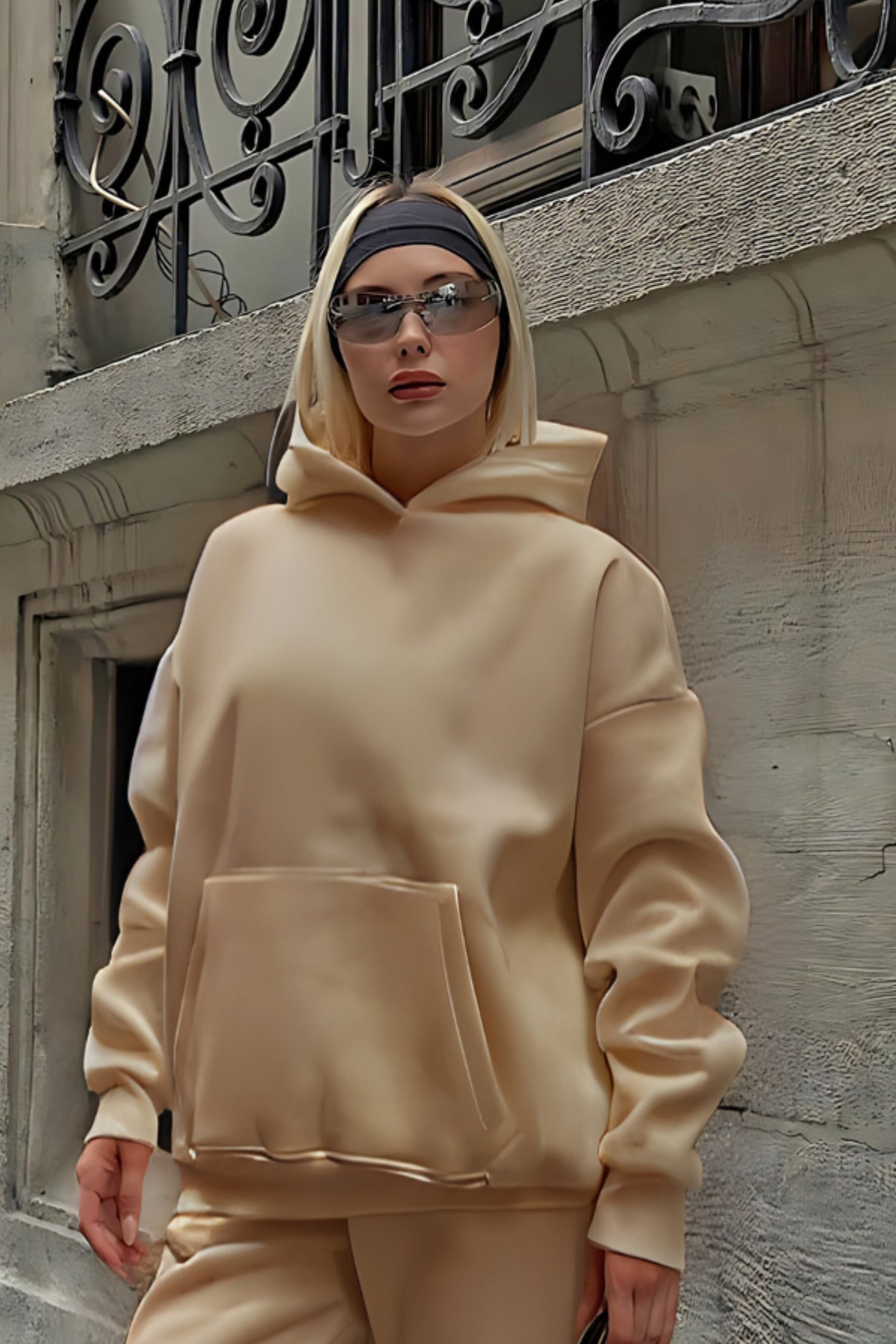 Premium Kalite 3 İplik Sweatshirt Kapuşonlu - Bej - 1