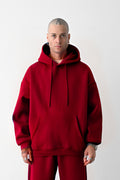 Erkek Bol Kesim Oversize 3 İplik İçi Pamuklu Şardonlu Kanguru Cep Kapşonlu Kışlık Hoodie Sweatshirt - Kırmızı - 1