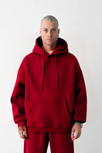 Erkek Bol Kesim Oversize 3 İplik İçi Pamuklu Şardonlu Kanguru Cep Kapşonlu Kışlık Hoodie Sweatshirt - Kırmızı - 1