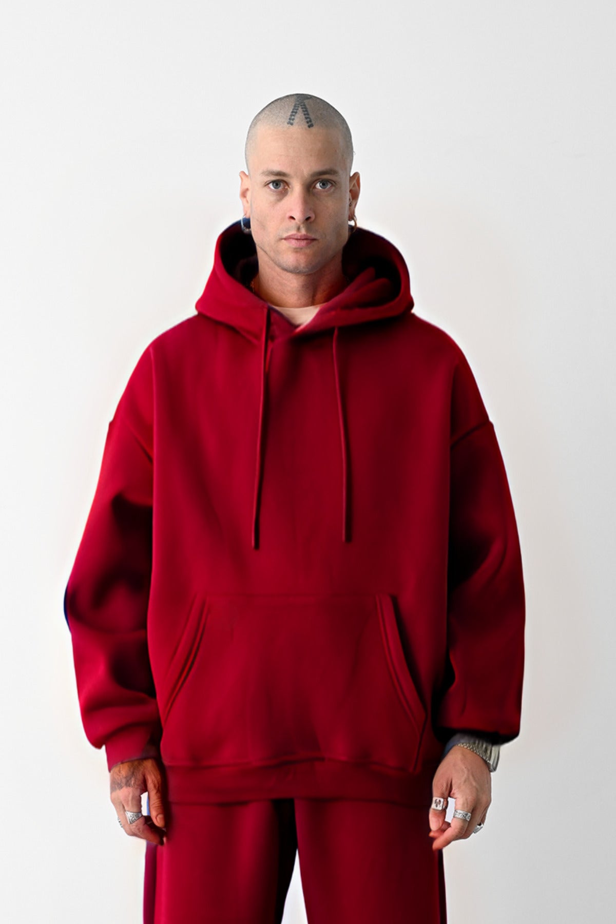 Erkek Bol Kesim Oversize 3 İplik İçi Pamuklu Şardonlu Kanguru Cep Kapşonlu Kışlık Hoodie Sweatshirt - Kırmızı - 1