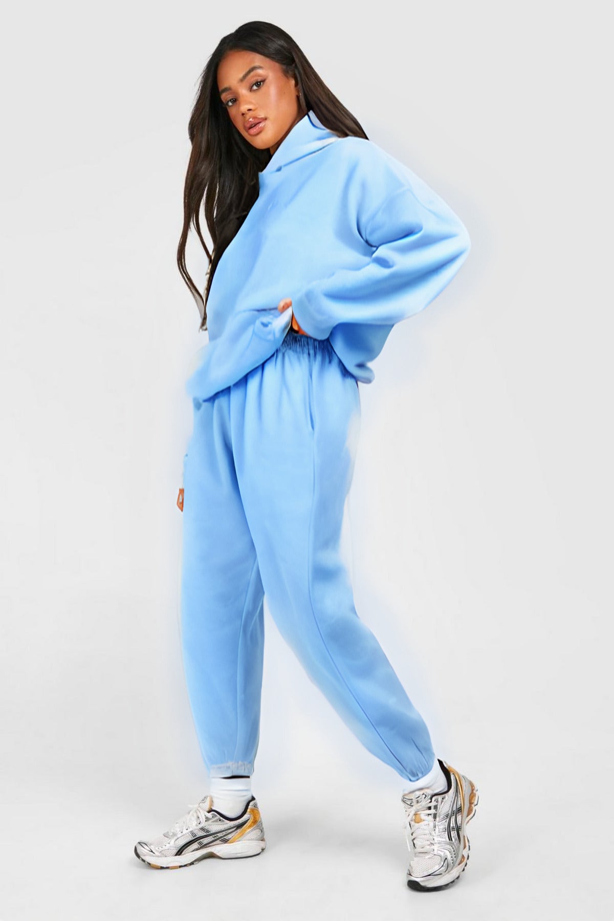 Kadın 3 İ̇plik Kanguru Cep Kapşonlu Hoodie Paçası Lastikli Kalın Eşofman Takımı - Bebe Mavisi - 1