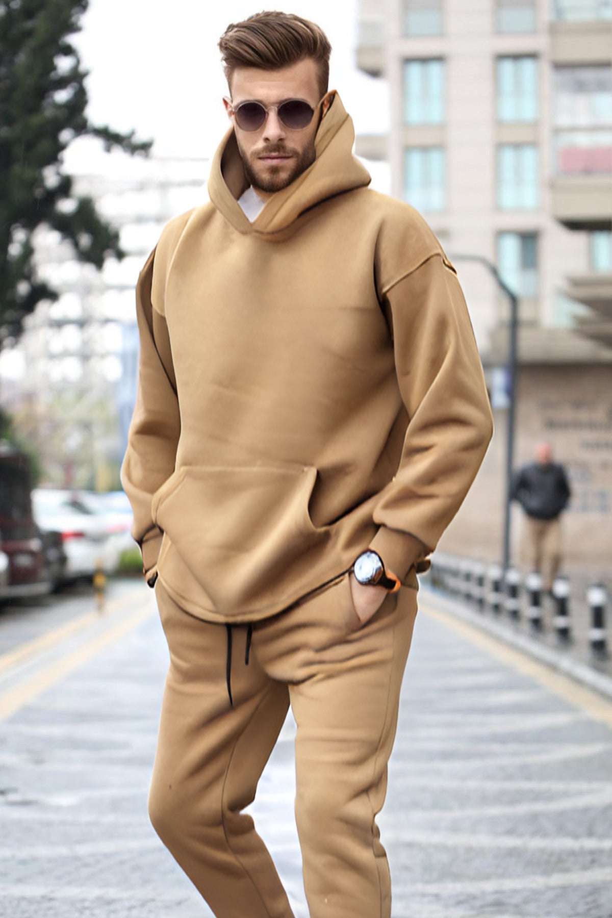 Erkek 3 İplik Kapşonlu Yaka Kalın Sweatshirt Pamuklu - Vizon - 1