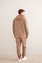 Erkek 3 İ̇plik Kapşonlu İ̇çi Pamuklu Bol Kesim Hoodie Kışlık Günlük Eşofman Takımı - Vizon - 4