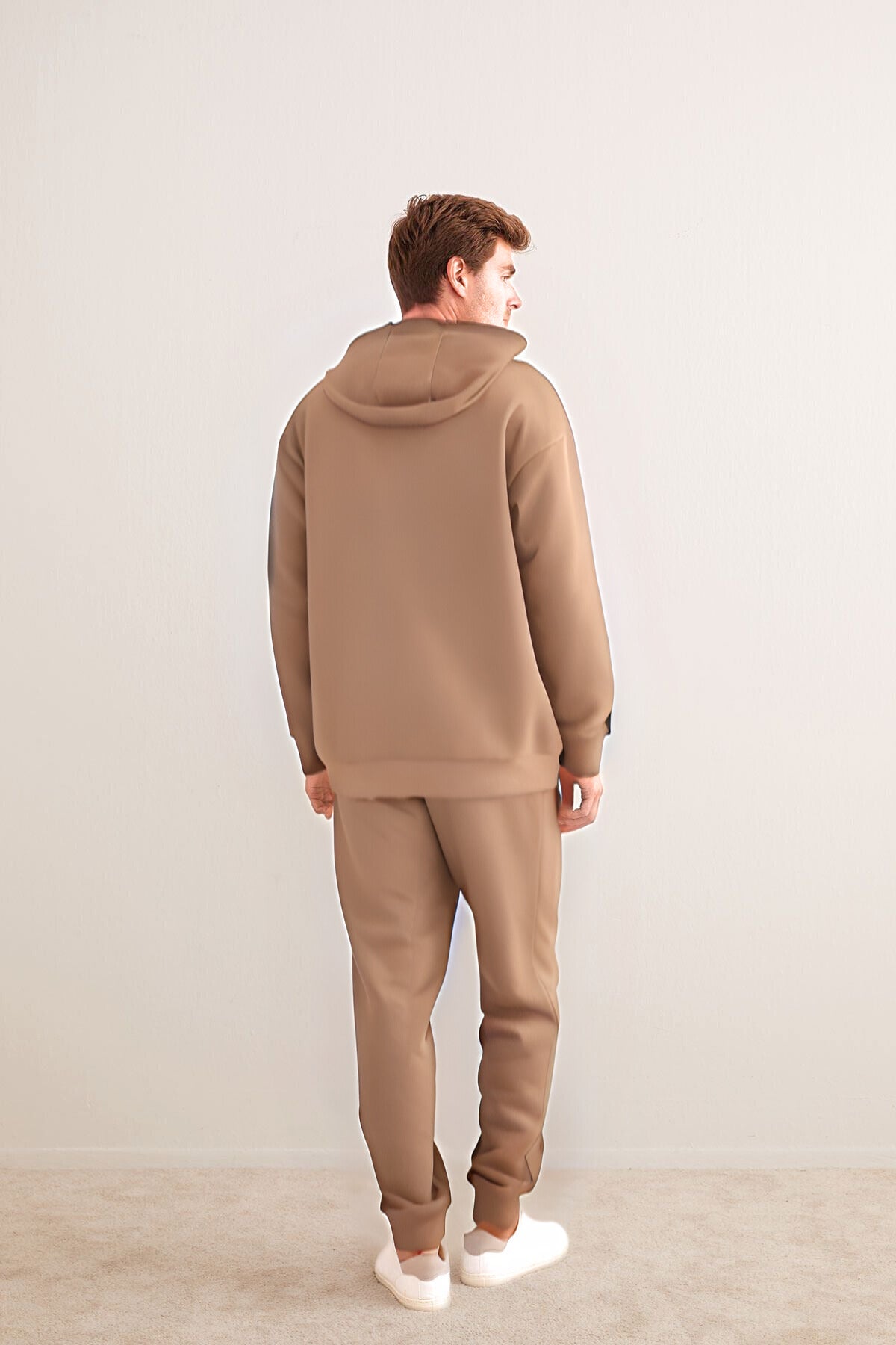 Erkek 3 İ̇plik Kapşonlu İ̇çi Pamuklu Bol Kesim Hoodie Kışlık Günlük Eşofman Takımı - Vizon - 4