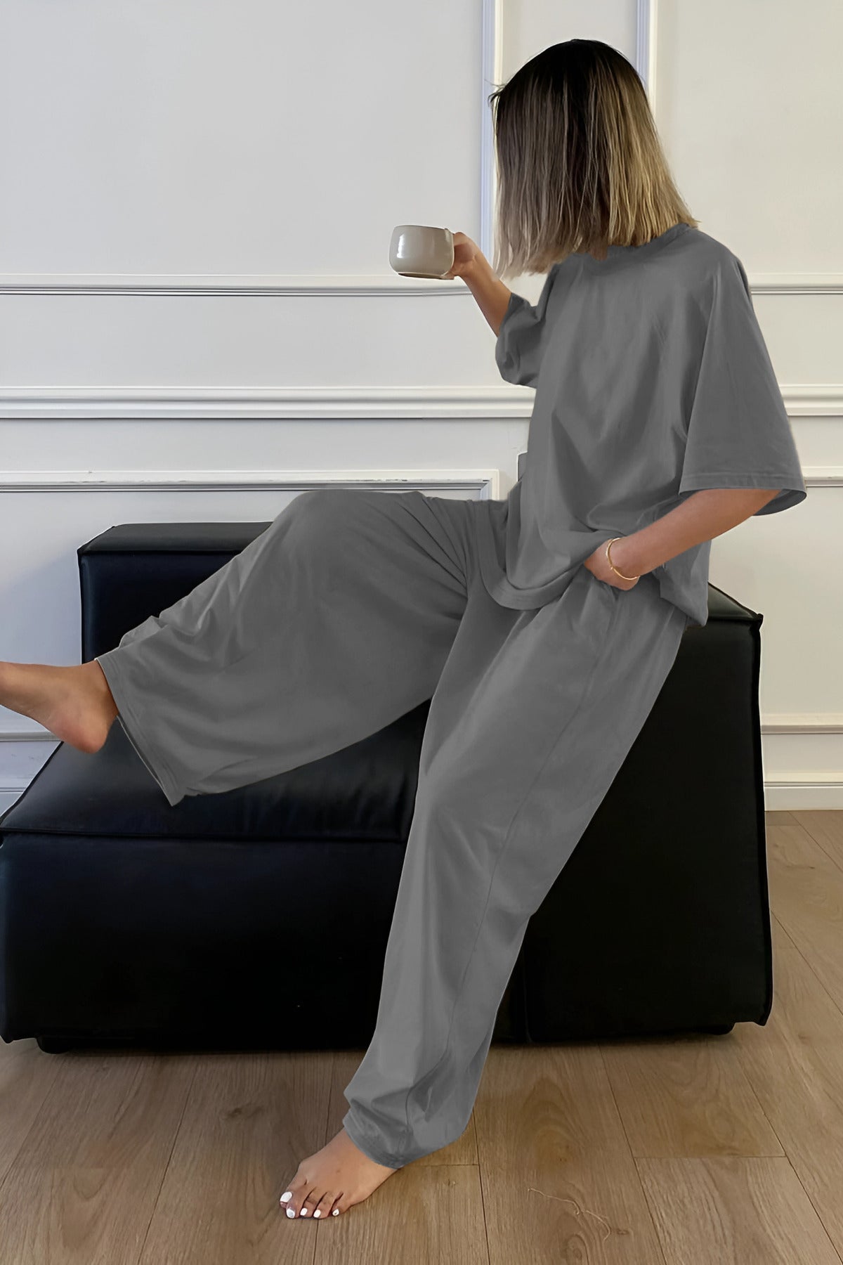 Kadın Bisiklet Yaka Yazlık Kısa Kollu Pijama Takımı - Gri - 2