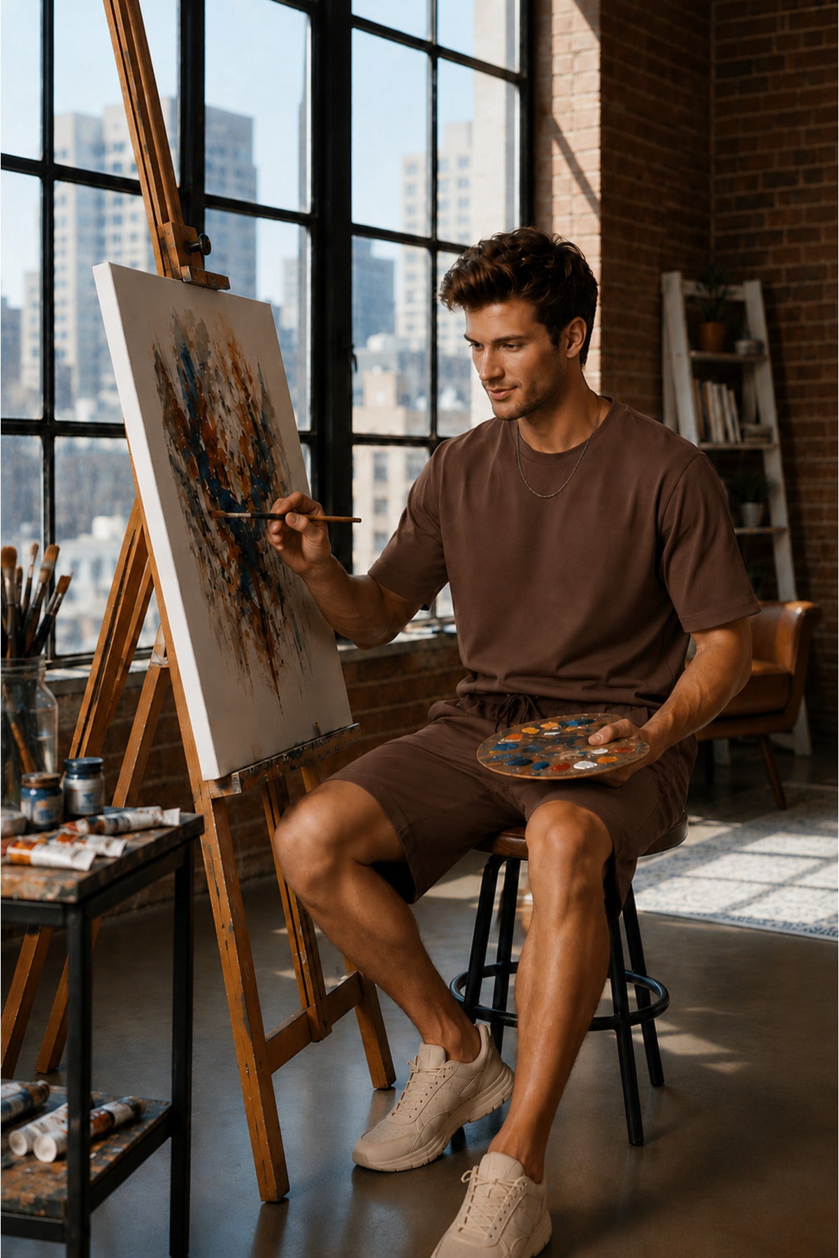Erkek Modern Ressam Stili Sanat Atölyesi Konseptli Oversize Şortlu Rahat Takım - Kahverengi - 4