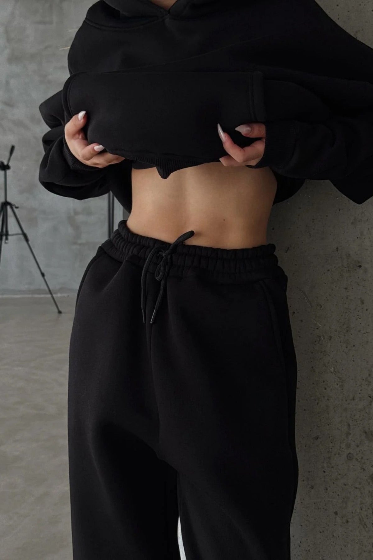 Kadın Paçası Lastikli Jogger Oversize Kışlık Eşofman Takımı - Siyah - 2