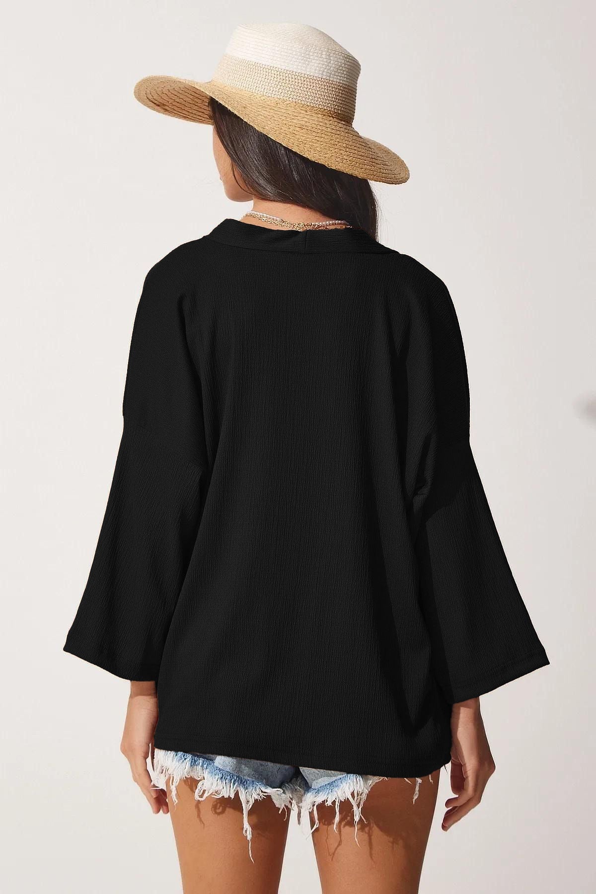 Kadın Si̇yah Yazlık Plaj Bikini Üstü Tekli Kimono Hızlı Kurur - Siyah - 2