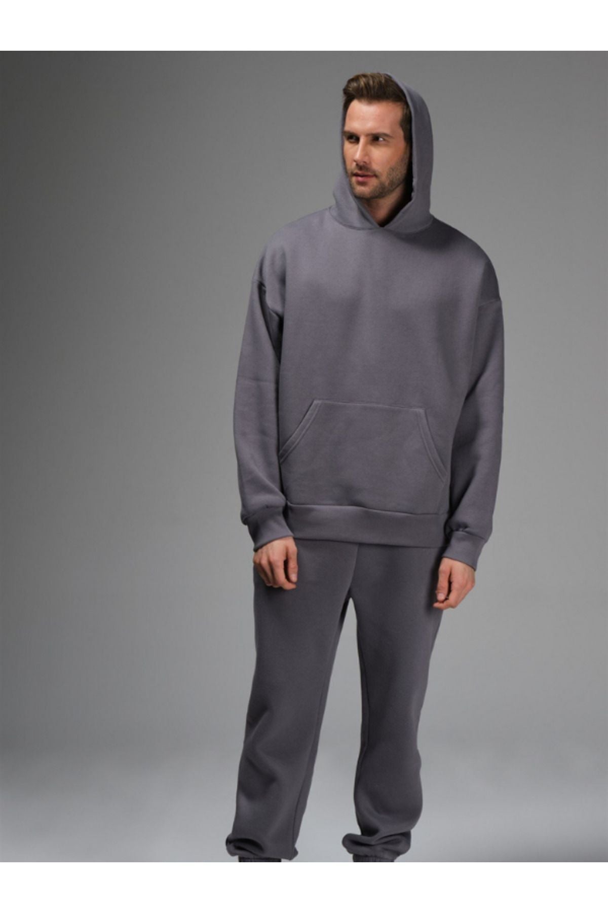 Erkek 3 İ̇pli̇k İ̇çi̇ Pamuklu Kalin Jogger Eşofman Takimi - Füme - 7