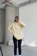Kadın Kapşonlu Sweatshirt - Bej - 1