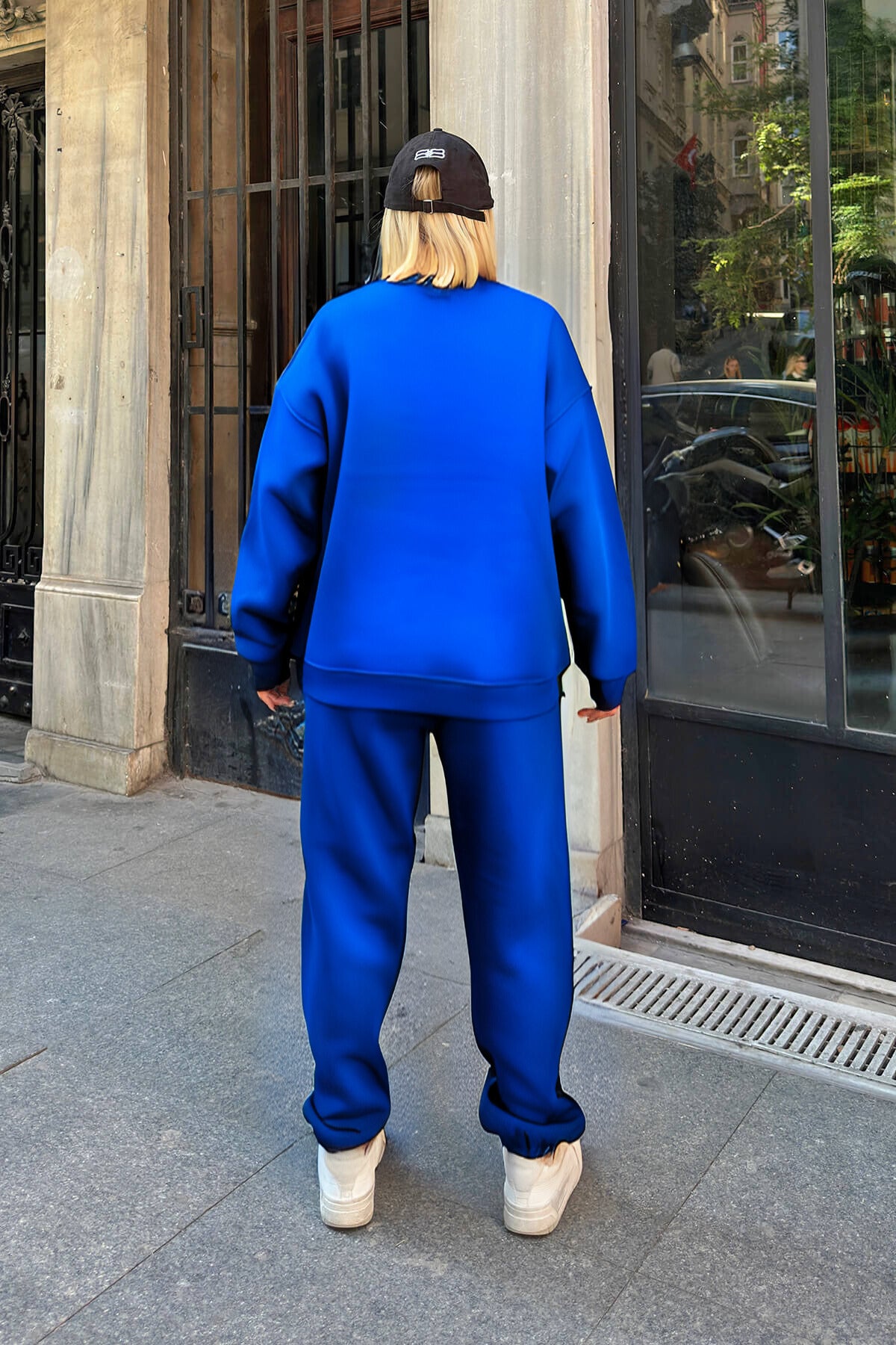 Kadın Oversize Puf Geniş Kalıp Basic Pamuklu Mevsimlik Rahat Eşofman Takımı - Saks Mavisi - 3