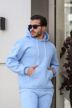 Erkek Bol Kesim Oversize 3 İ̇plik İ̇çi Pamuklu Şardonlu Kanguru Cep Kapşonlu Kışlık Hoodie Sweatshirt - Bebe Mavisi - 2
