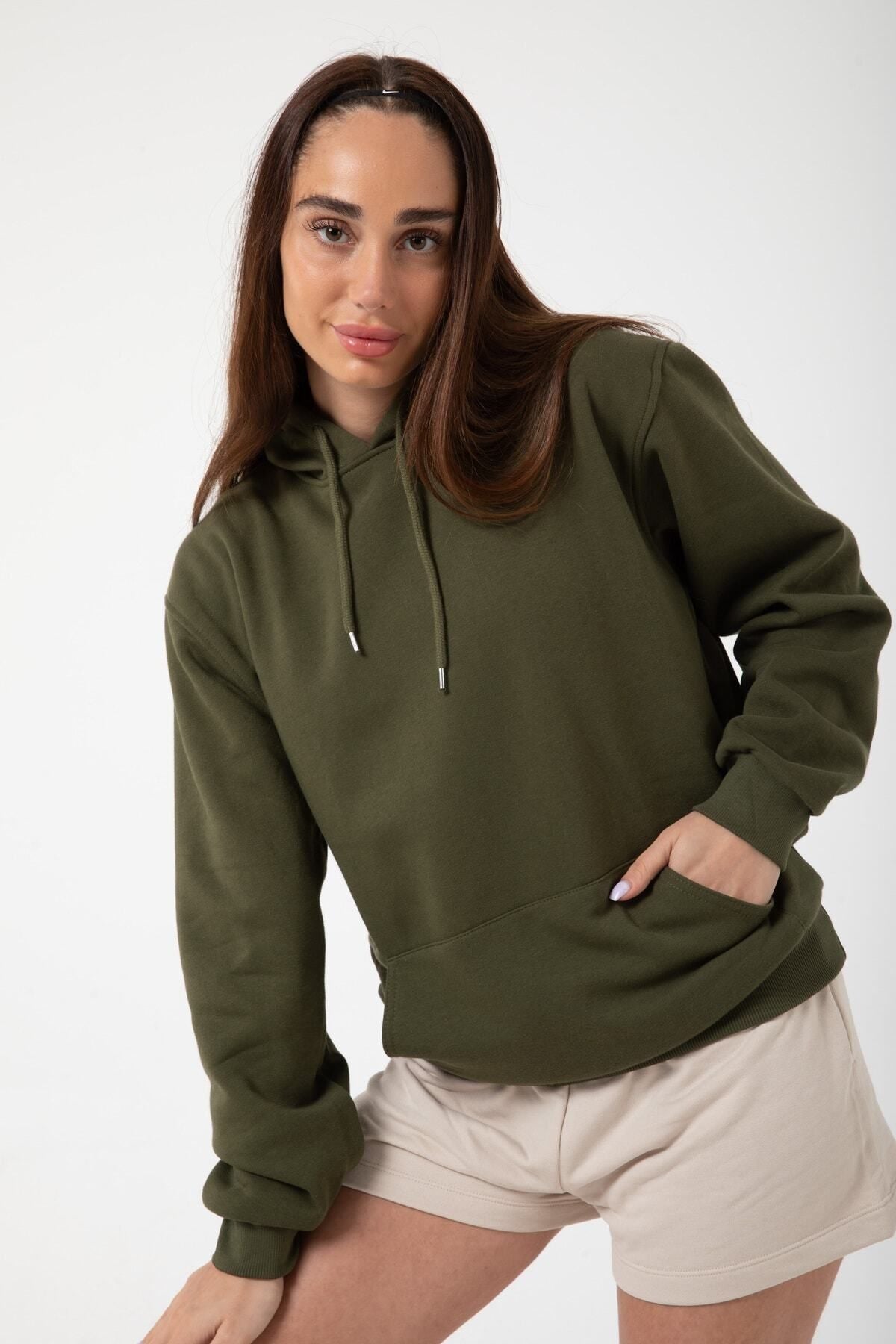 Kadın Haki İ̇çi Polar Sweatshirt Kapşonlu Cepli Günlük Stil Oversize Hoodie - Haki - 4