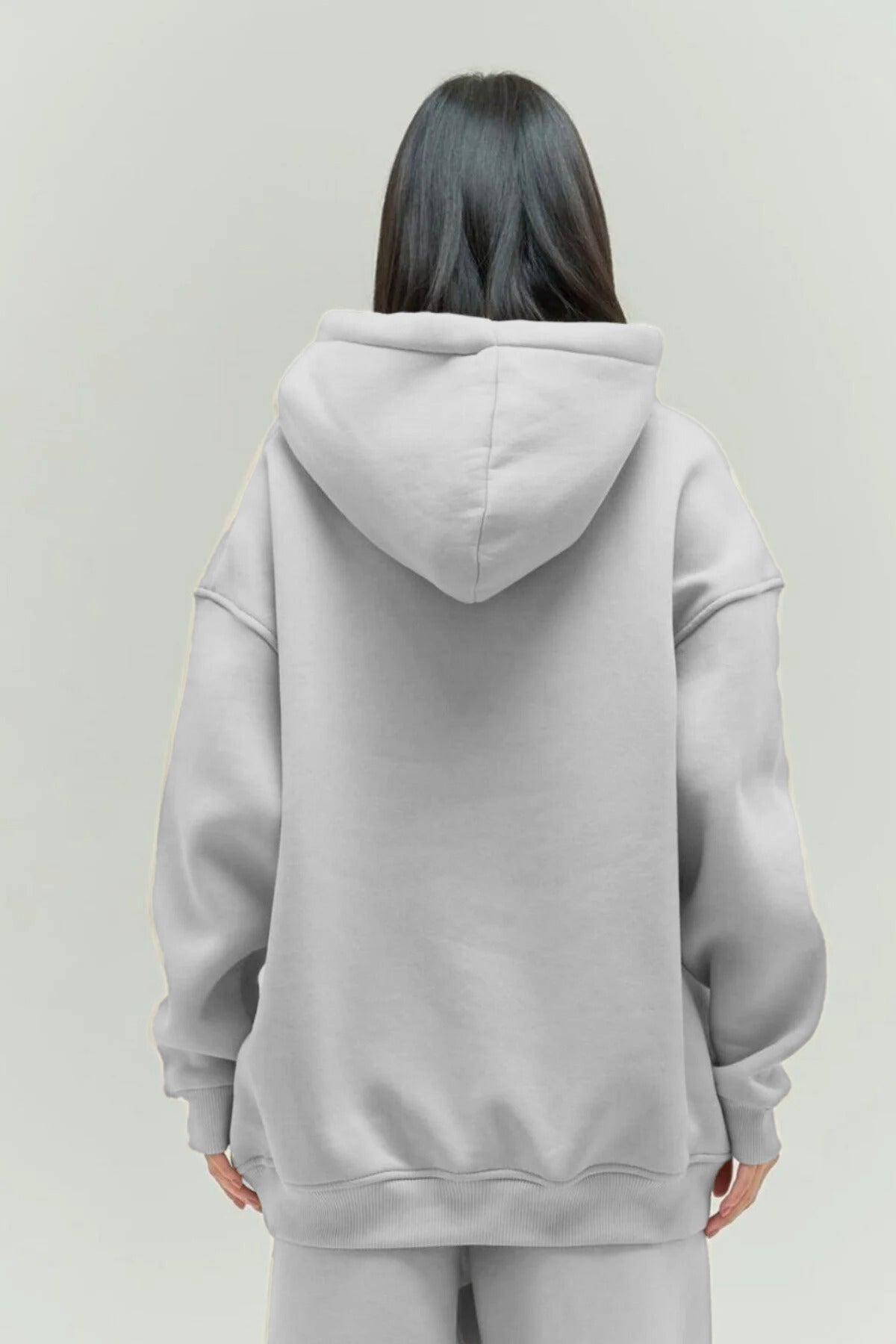 Kadın Rahat Oversize 3 İ̇plik Pamuklu Şardonlu Kanguru Cep Kapşonlu Sweatshirt - Grii - 3