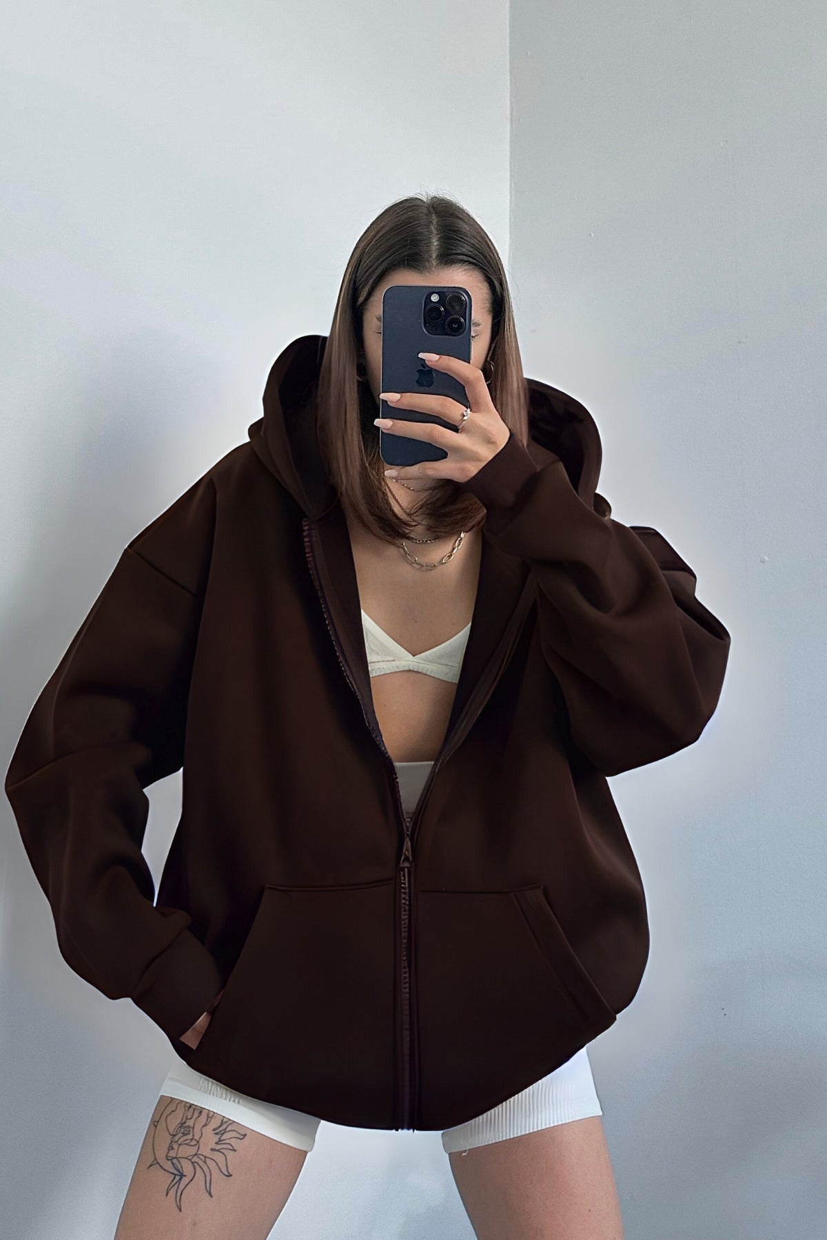 Kadın Kahverengi Fermuarlı Oversize Kanguru Cep Hırka - Kahverengi - 1