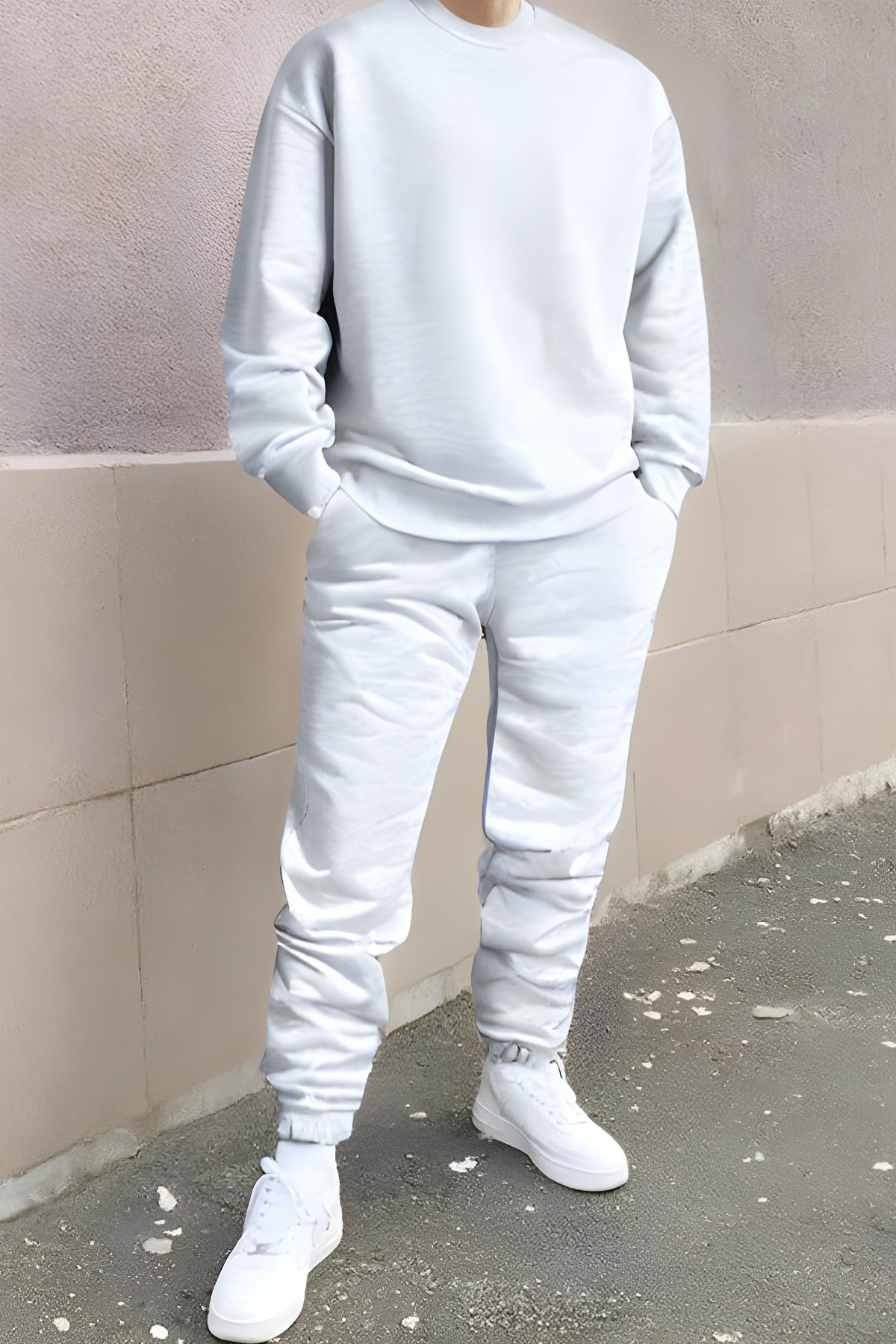 Oversize Rahat Kalıp Günlük Ve Spor Bisiklet Yaka Eşofman Takımı - Beyaz - 2