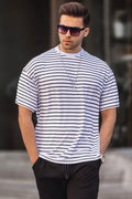 Erkek Oversize Penye T-shirt - SİYAH ÇİZGİLİ - 1
