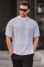 Erkek Oversize Penye T-shirt - SİYAH ÇİZGİLİ - 1