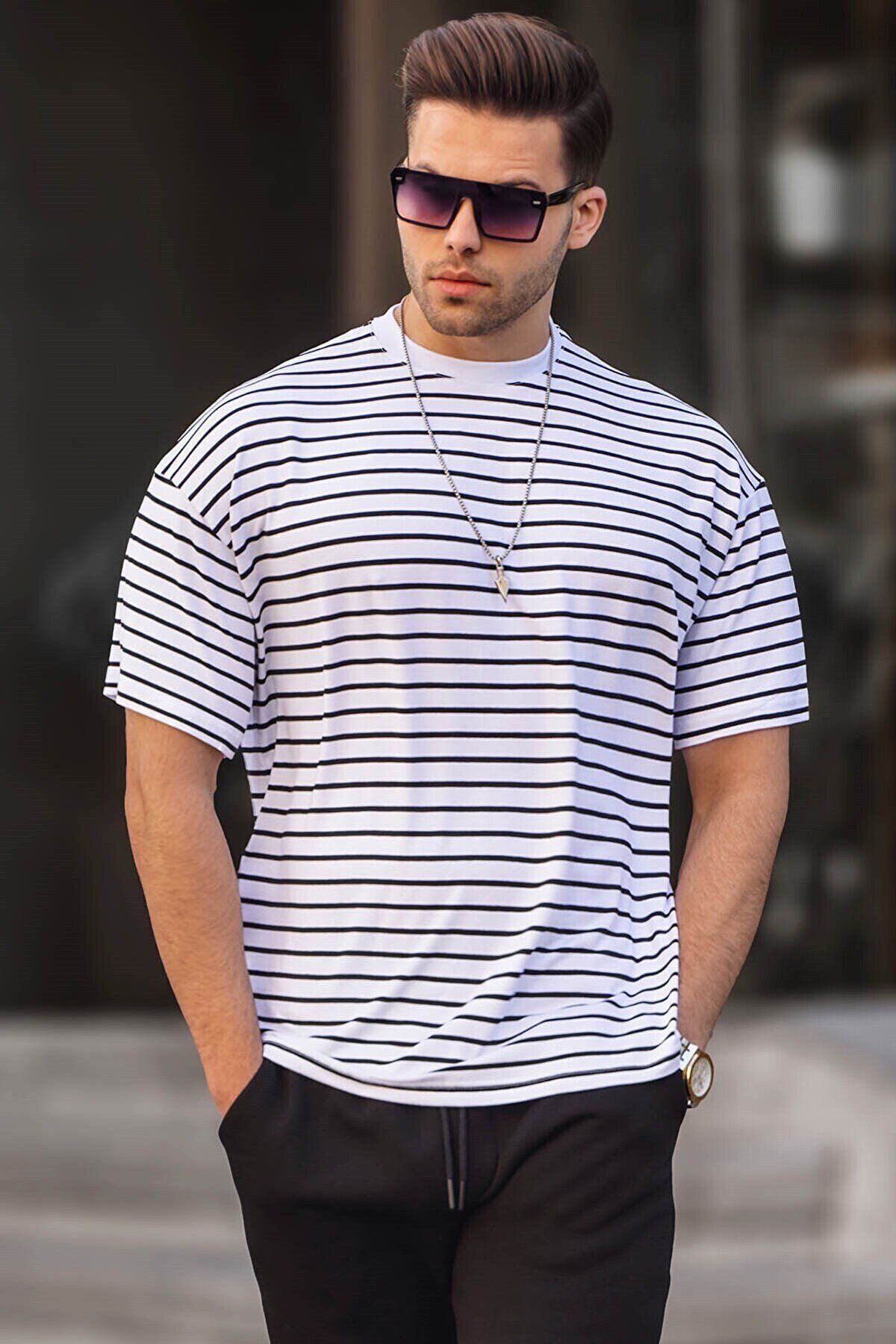 Erkek Oversize Penye T-shirt - SİYAH ÇİZGİLİ - 1