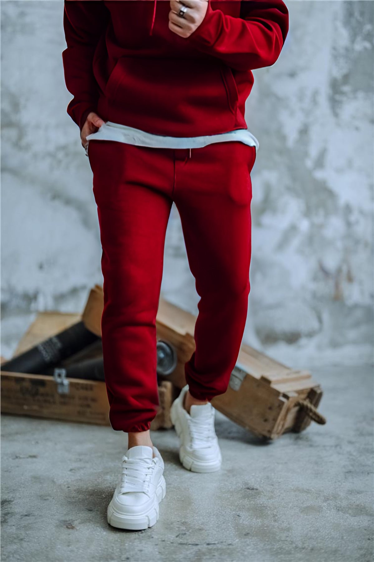 Erkek Kapşonlu Oversize 3 İ̇plik Şardonlu Lastikli Paça Eşofman Takımı - Bordo - 4