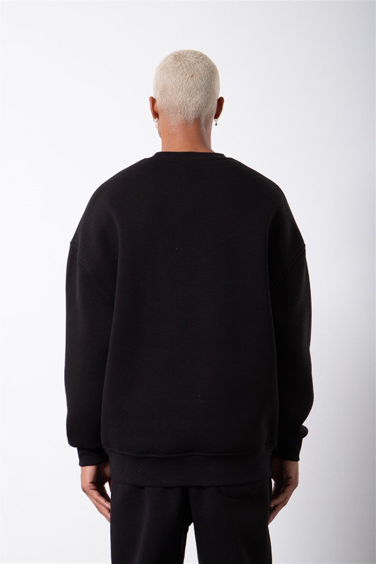 Erkek Bisiklet Yaka Oversize Sweatshirt - Siyah - 4