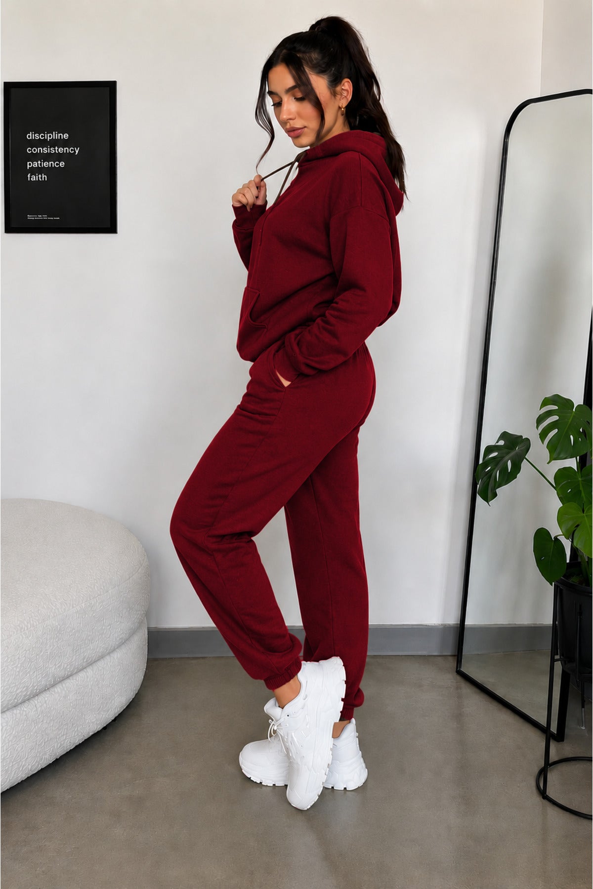 Kadın 3iplik Şardonlu Şık Günlük Ve Spor Oversize Eşofman Takımı - Bordo - 2