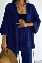 Kadın Bol Paça Palazzo Kimono Alt Üst Takım - Lacivert - 2
