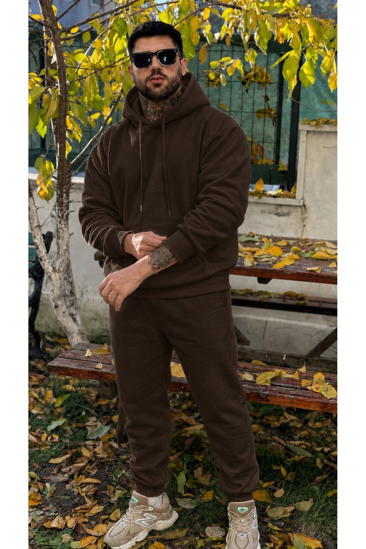 Erkek Kapşonlu 3 İ̇plik Şardonlu Salaş Bol Hoodie Eşofman Takımı - Kahverengi - 2