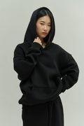 Kadın Rahat Oversize 3 İ̇plik Pamuklu Şardonlu Kanguru Cep Kapşonlu Sweatshirt - Siyah - 1
