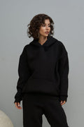 Kadın 3 İ̇plik İ̇çi Pamuklu Kanguru Cep Regular İ̇çi Pamuklu Oversize Sweatshirt - Siyah - 1