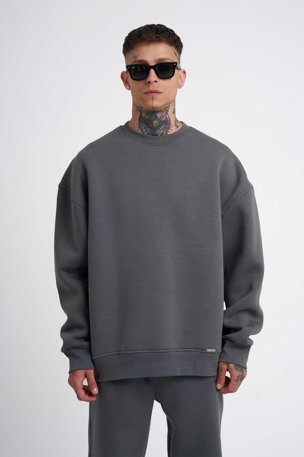 Erkek İ̇çi Pamuklu Bisiklet Yaka Sweatshirt - Füme - 1