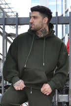 Erkek Oversize 3 İ̇plik Pamuklu Şardonlu Kanguru Cep Kapşonlu Kalın Hoodie Sweatshirt - Haki - 3