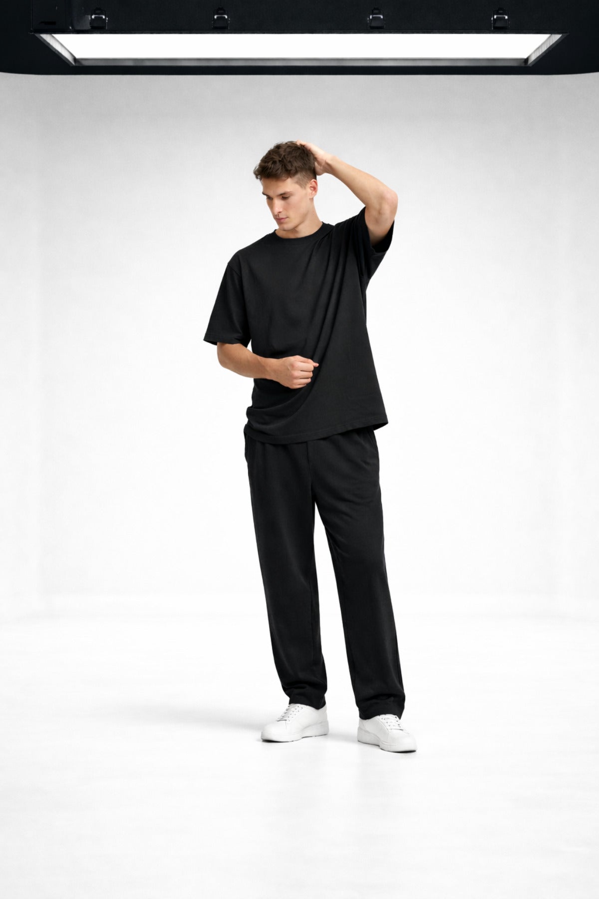 Erkek Oversize Penye T-shirt Pantolon Takım Rahat Kesim Takım - Siyah - 2