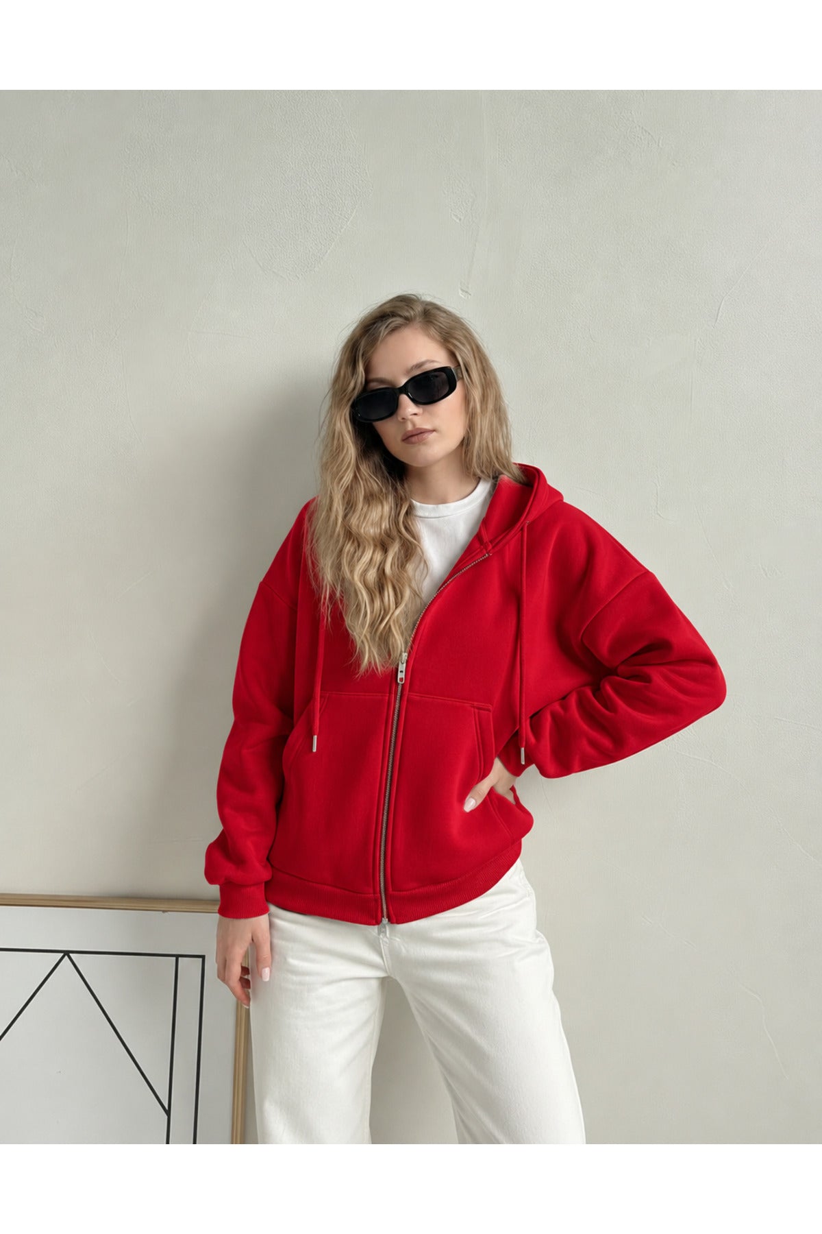 Kadin 3 İ̇pli̇k Kapüşonlu Fermuarli Oversi̇ze Sweatshirt Hirka - Kırmızı - 1