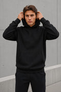 Erkek Oversize Kapüşonlu Sweatshirt Basic Hoodie Cepli - Siyah - 1