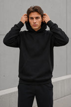 Erkek Oversize Kapüşonlu Sweatshirt Basic Hoodie Cepli - Siyah - 1