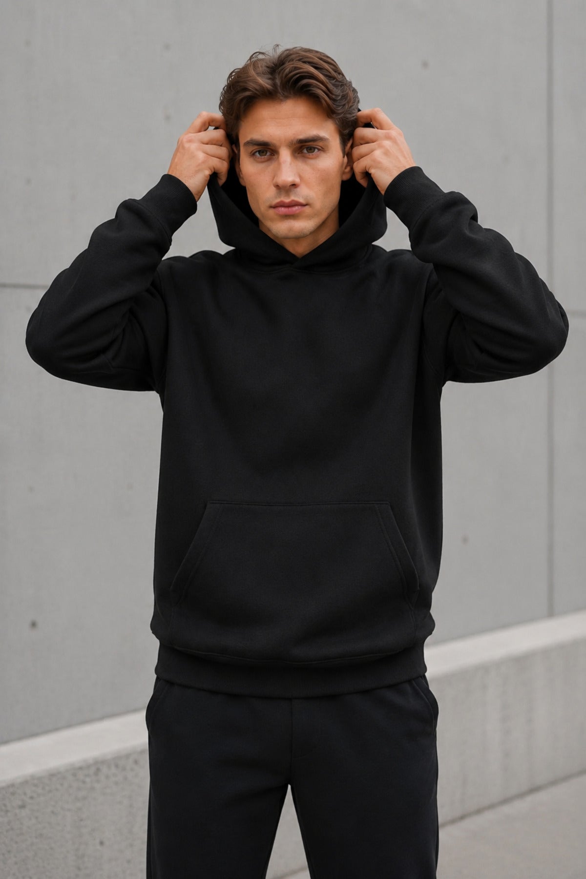 Erkek Oversize Kapüşonlu Sweatshirt Basic Hoodie Cepli - Siyah - 1