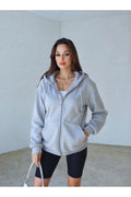 Kadın 3 İ̇plik Oversize Kapüşonlu Fermuarlı Hırka Sweatshirt - Gri Melanj - 1