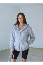 Kadın 3 İ̇plik Oversize Kapüşonlu Fermuarlı Hırka Sweatshirt - Gri Melanj - 1